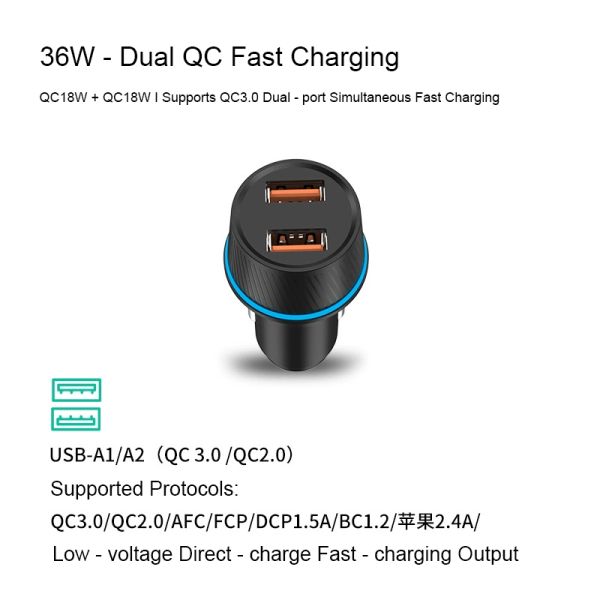 36W Car Mobile Phone Charger with Dual USB Fast - charging Plugs, Ambient Light and Cigarette Lighter Socket Charger - Image 3
