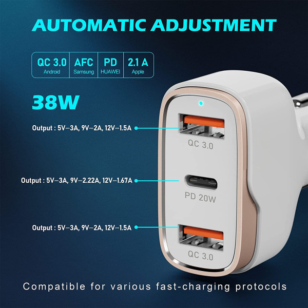 38W Fast Charging Car Charger with PD20W + Dual QC3.0 18W - Image 3