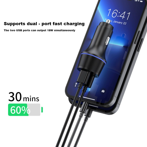 36W Car Mobile Phone Charger with Dual USB Fast - charging Plugs, Ambient Light and Cigarette Lighter Socket Charger - Image 4